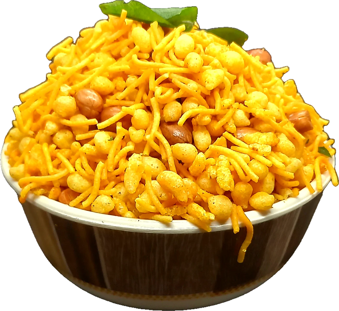 A heaped bowl of Only Mixture with curry leaves and groundnuts